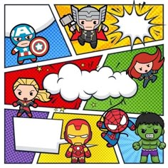 an image of the avengers family with their name tags on each one and some cartoon characters behind them