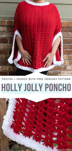 a crocheted poncho is shown with the text, holly jolly poncho