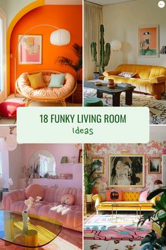 four different living rooms with colorful furniture and walls painted in bright orange, pink, yellow and green