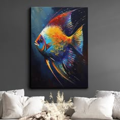 an abstract painting of a fish on a wall above a couch in a living room