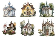 four different styles of houses painted in watercolor