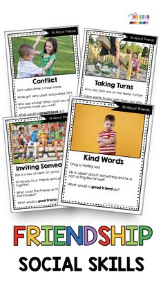 three pictures with the words friends and social skills for kids to use in their homes