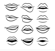 various lips drawn in black and white on a white background, each with different shapes