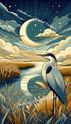 a painting of a blue heron standing in front of a body of water at night