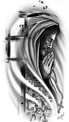 a black and white drawing of a woman praying