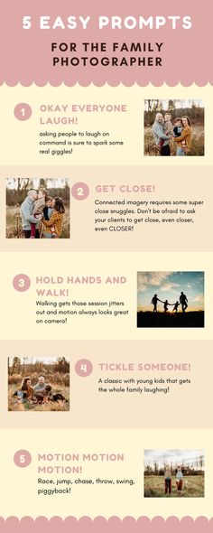 infographic detailing 5 prompts for family photographers with pictures demonstrating each prompt Family Of 3 Prompts, Mommy And Me Prompts, Portrait Prompts Photography, Family Portrait Camera Settings, Family Photography Tips, How To Take Family Photos Yourself, Large Family Photo Prompts, Photography Posing Prompts