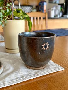 a black bowl sitting on top of a wooden table next to a potted plant