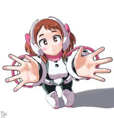 a cartoon character with headphones on and hands out in front of her, while wearing earbuds