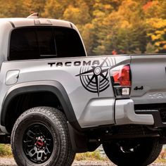 a gray truck parked on the side of a road next to some grass and trees