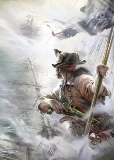 a man riding on the back of a pirate ship while holding onto a rope with other ships in the background