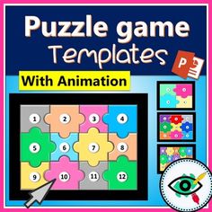 the puzzle game templates with animation is shown in pink and blue colors, including an eye