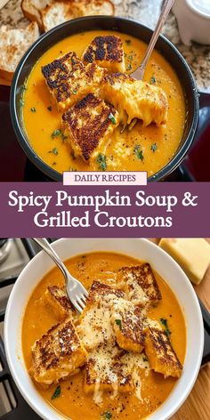 Indulge in the perfect fall comfort food with this Spicy Pumpkin Soup + Grilled Cheese Croutons recipe. This creamy and flavorful soup is elevated with a touch of spice, while the crispy grilled cheese croutons are the ultimate savory topping. Warm up your soul with each spoonful of this delicious combination. Try it now and experience the cozy flavors of the season! Savory Comfort Food, Fall Soups And Stews, Crispy Grilled Cheese, Soup Recipes Healthy, Spicy Pumpkin Soup, Winter Soup Recipes, Croutons Recipe, Grilled Cheese Croutons, Dessert Soup