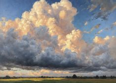 an oil painting of clouds over a field