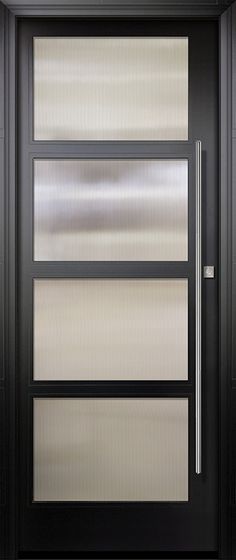 a black door with frosted glass and metal bars on the bottom part of it