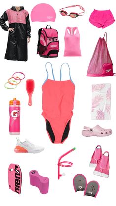 an assortment of swimsuits and accessories are displayed