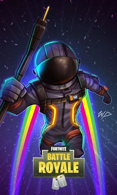 the fortnite battle royale logo is shown in front of a rainbow - colored background