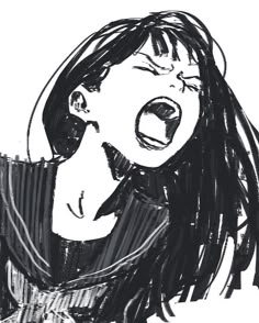 a black and white drawing of a woman with her mouth open in front of the camera