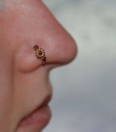 a woman's nose with a small gold ring on top of her nose and an earring in the middle