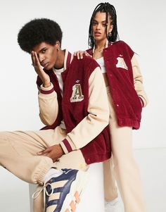 Coats & Jackets by adidas Originals Mid-season layering Branded design Baseball collar Snap placket Functional pockets Regular fit Unisex style Varsity Jacket Photoshoot Ideas, Varsity Jacket Photoshoot, Varsity Aesthetic, Varsity Outfit, Burgundy And Beige, College Jacket, College Jackets, Mens Photoshoot Poses, Letterman Jackets