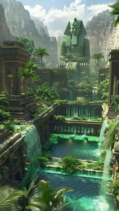 a futuristic city with waterfalls and palm trees