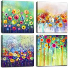 four colorful paintings with flowers on them