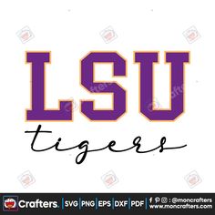 lsu tigers logo with the word lsu in black and purple on white background, surrounded by smaller letters