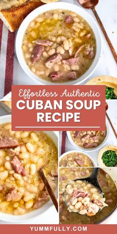 a collage of photos showing different types of cuban soup in white bowls with spoons and bread on the side