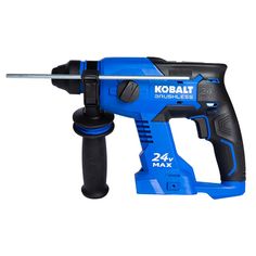 a blue and black corded drill on a white background