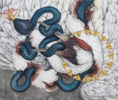 a drawing of two birds with snakes on their backs