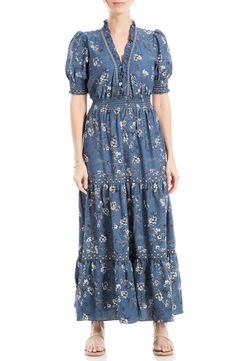 Smocking defines the waist of this maxi dress designed in a tiered silhouette and puff sleeves. 54 1/2" length V-neck Short sleeves Unlined 96% polyester, 4% spandex Machine wash, line dry Imported Model stats: 5'10" height, 32" bust, 25" waist, 36" hip. Model is wearing size Small. Maxi Dress Designs, Max Studio Dress, Daytime Dresses, Tiered Maxi Dress, Floral Short, Max Studio, Puff Sleeves, Sundress, Nordstrom Rack