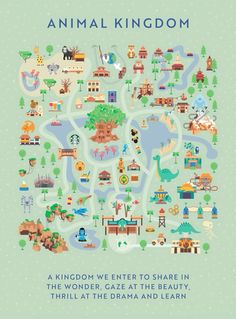 an animal kingdom map with animals and other things on the map, including trees, buildings,