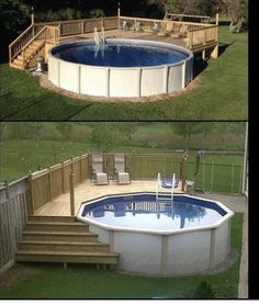 an above ground swimming pool with steps leading up to the deck and above ground pools