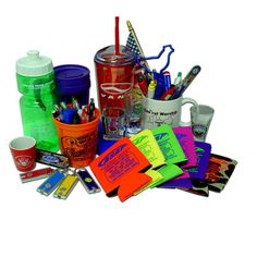 there are many items that can be found in the photo, including cups and pens