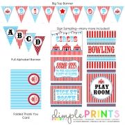 printable circus birthday party package with free sign, bunting flags and pennants