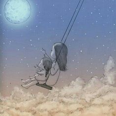 a drawing of a girl on a swing in the sky