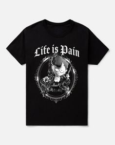 Go full goth with your next casual outfit by rocking this Life is Pain T Shirt. This officially licensed tee features a goth kid from South Park on the front and is a perfect choice for fans of the show. Officially licensed Crewneck Short sleeves Material: Cotton Care: Machine wash; tumble dry low Imported This shirt is Unisex Sizing only For a fitted look, order one size smaller than your normal size Note: This item is print to order and may have a 1-2 day extra processing time Punk Graphic Print T-shirt For Cosplay, Halloween Anime Print Grunge T-shirt, Black Punk T-shirt With Character Print, Alternative Halloween T-shirt With Letter Print, Short Sleeve T-shirt With Character Print For Alternative Fashion, Punk Letter Print Tops For Cosplay, Punk Style Letter Print Tops For Cosplay, Character Print T-shirt For Alternative Fashion, Character Print Short Sleeve T-shirt For Alternative Fashion