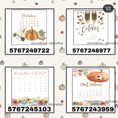 four different calendars with pumpkins and leaves on the front, one for each month