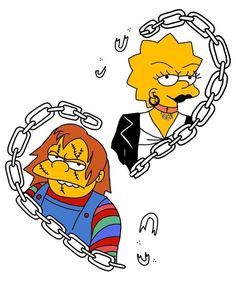 two cartoon characters with chains around them