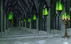 an image of a gothic hall with green lights