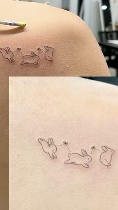 two pictures of the back of a woman's shoulder with writing on it