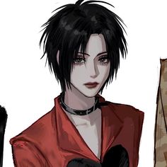 a drawing of a woman with black hair wearing a red shirt and holding a cat