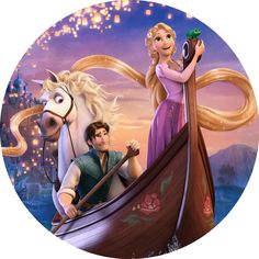 the princess and the frog are riding in a boat with an unicorn on their back