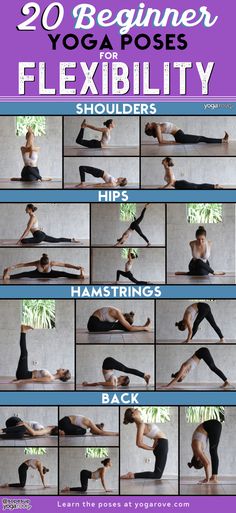 a woman doing yoga poses with the words 20 beginner yoga poses for flexibility and shoulders