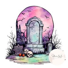 a watercolor drawing of a cemetery with skulls and tombstones in the foreground