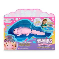 the pink toy is in its box and has bubbles on it's sides, as well as an animal figure