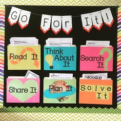 a bulletin board with words that say go for it, think about it and share it