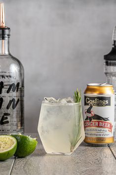 the ingredients for an alcoholic cocktail including gin, lime and ginger beer are shown in front of bottles