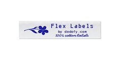 a blue and white label with the words flex labels by dobby com on it