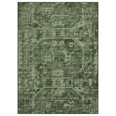 a green area rug with an ornate design on the top and bottom, in various colors