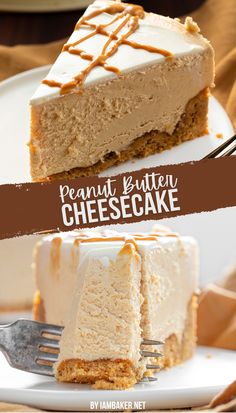 Two images of peanut butter cheesecake, showing a slice from different angles. Peanut Butter Cheesecake Cake, Pb Cheesecake No Bake, Homemade Peanut Butter Cheesecake, Nutty Butty Cheesecake, Thick Crust Cheesecake, Cheesecake Factory Peanut Butter Cheesecake, Easy No Bake Peanut Butter Cheesecake, Pb And J Cheesecake, Baked Peanut Butter Cheesecake